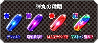 弾丸の種類　青：デフォルト、紫：増殖濃厚!?、赤：MAXラウンド!?、虹：Vストック濃厚!?